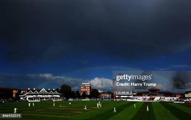 General view of play as a rainbow appears over the ground during Day Three of the Specsavers County Championship Division One match between Somerset...