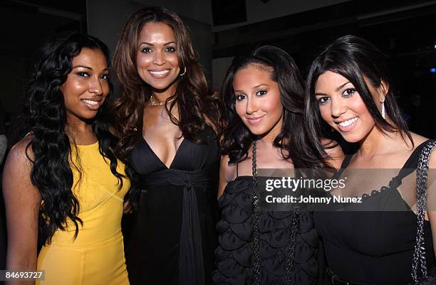 Melanie Fiona, Tracey Edmonds, Adrienne Bailon and Kourtney Kardashian attend New Era & 944 Magazine Pre-Grammy Party at Studio 944 on February 7,...