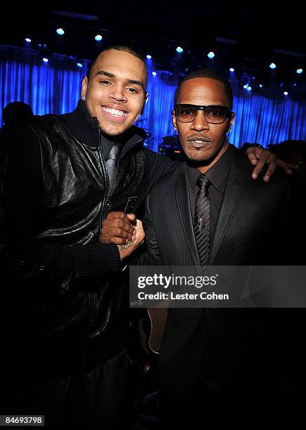 Singer Chris Brown and Actor Jamie Foxx attend the 2009 GRAMMY Salute To Industry Icons honoring Clive Davis at the Beverly Hilton Hotel on February...