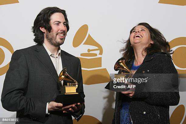 Producers Jason Reitman and Margaret Yen show their awards for the Best Compilation Soundtrack Album For Motion Picture, Television Or Other Visual...