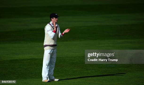 Tom ABell of Somerset claps during Day Three of the Specsavers County Championship Division One match between Somerset and Lancashire at The Cooper...