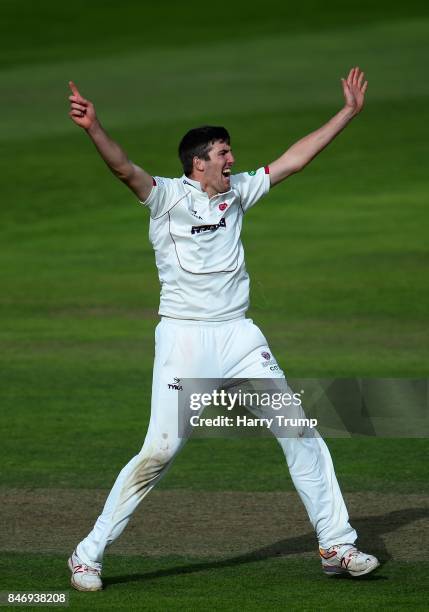 Craig Overton of Somerset celebrates after dismissing Dane Vilas of Lancashire during Day Three of the Specsavers County Championship Division One...