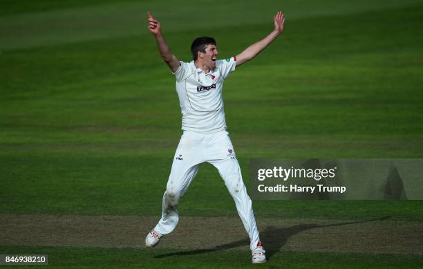 Craig Overton of Somerset celebrates after dismissing Dane Vilas of Lancashire during Day Three of the Specsavers County Championship Division One...