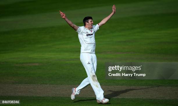 Craig Overton of Somerset celebrates after dismissing Dane Vilas of Lancashire during Day Three of the Specsavers County Championship Division One...