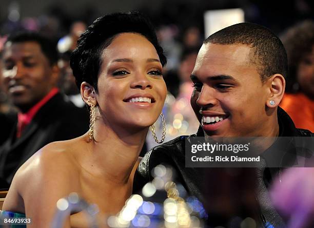 Singers Rihanna and Chris Brown attend the 2009 GRAMMY Salute To Industry Icons honoring Clive Davis at the Beverly Hilton Hotel on February 7, 2009...