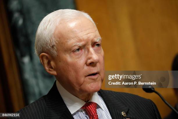 Sen. Orrin Hatch speaks at a tax reform hearing before the Senate Finance Committee on Capitol Hill September 14, 2017 in Washington, DC. President...