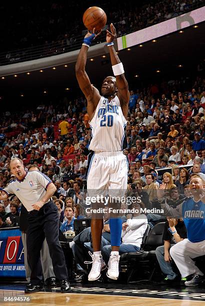 Mickael Pietrus of the Orlando Magic shoots against the New Jersey Nets on February 8, 2009 at Amway Arena in Orlando, Florida. NOTE TO USER: User...