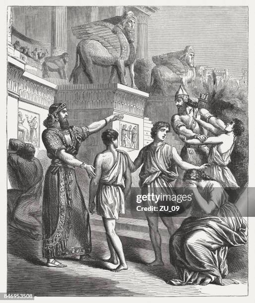 the children of jewish prisoners are sold (joel 3, 8) - ancient babylon stock illustrations