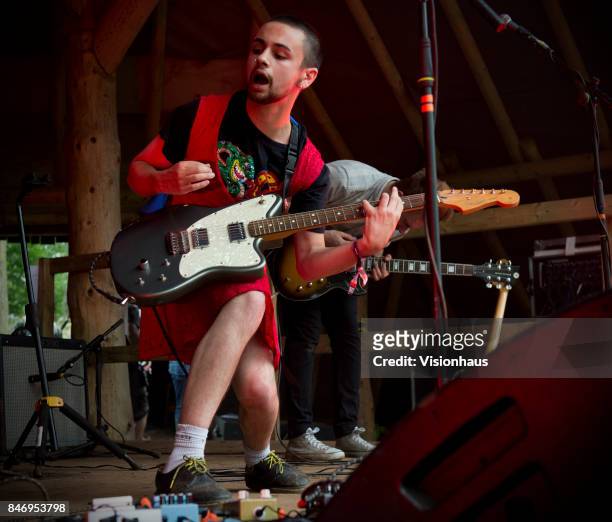 Faux Pas lead singer Reuben Cowl performs with the band on the Woodland stage at Kendal Calling Festival at Lowther Deer Park on July 29, 2017 in...