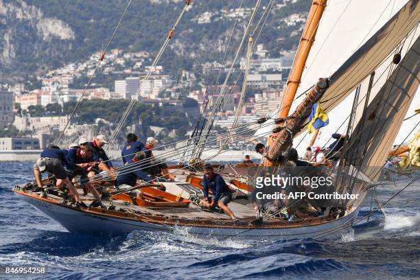 Crew sails the class 15M IR classic sailing yacht Tuiga during the 13th Monaco Classic week on September 14 in Monaco. The Monaco Classic week is...