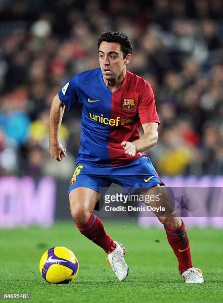Xavi Hernandez of Barcelona controls the ball during the La Liga match between Barcelona and Sporting Gijon at the Camp Nou stadium on February 8,...