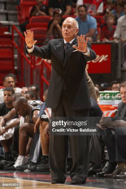 Head Coach of the Charlotte Bobcats Larry Brown leads his team against the Miami Heat on February 8, 2009 at the American Airlines Arena in Miami,...