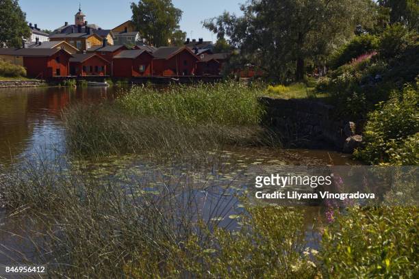 river porvoonjoki and the downtown of porvoo, finland - porvoo stock pictures, royalty-free photos & images