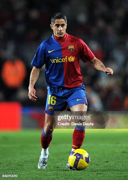 Sylvinho of Barcelona controls the ball during the La Liga match between Barcelona and Sporting Gijon at the Camp Nou stadium on February 8, 2009 in...