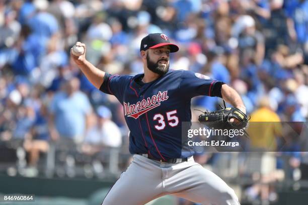 Dillon Gee of the Minnesota Twins throws against the Kansas City Royals at Kauffman Stadium on September 10, 2017 in Kansas City, Missouri.