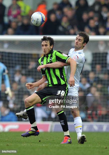 Brighton & Hove Albion's Will Buckley and Leeds United's Danny Pugh battle for the ball during the npower Football League Championship match at...