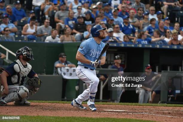 Brandon Moss of the Kansas City Royals hits against the Minnesota Twins at Kauffman Stadium on September 10, 2017 in Kansas City, Missouri.