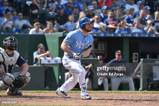 Brandon Moss of the Kansas City Royals hits a home run against the Minnesota Twins at Kauffman Stadium on September 10, 2017 in Kansas City, Missouri.