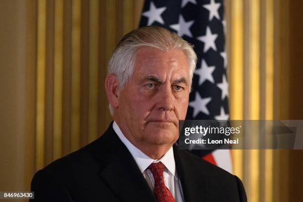 Secretary of State Rex Tillerson speaks at a press conference with British Foreign Secretary Boris Johnson in Lancaster House following a meeting on...