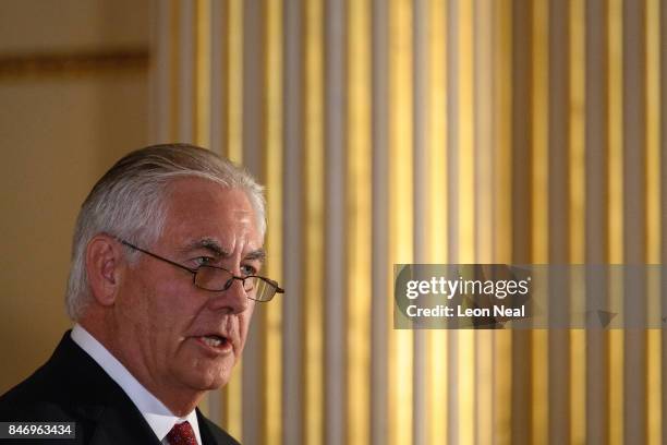 Secretary of State Rex Tillerson speaks at a press conference with British Foreign Secretary Boris Johnson in Lancaster House following a meeting on...