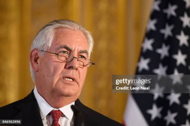 Secretary of State Rex Tillerson speaks at a press conference with British Foreign Secretary Boris Johnson in Lancaster House following a meeting on...