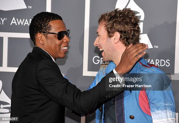 Rapper Jay Z and musician Chris Martin arrive at the 51st Annual Grammy Awards held at the Staples Center on February 8, 2009 in Los Angeles,...