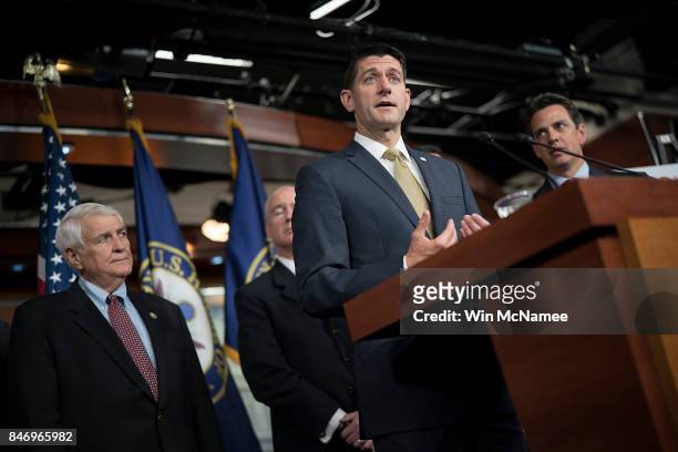 Speaker of the House Paul Ryan answers questions during his weekly press conference at the U.S. Capitol September 14, 2017 in Washington, DC. Ryan...