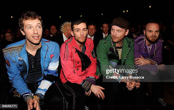 Musicians Chris Martin, Guy Berryman,Jonny Buckland and Will Champion of Coldplay in the audience at the 51st Annual Grammy Awards held at the...