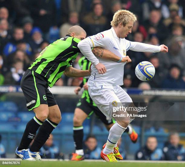 Brighton & Hove Albion's Adam El-Abd with Leeds United's Luciano Becchio during the npower Football League Championship match at Elland Road, Leeds.