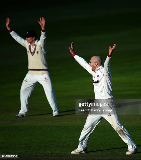 Jack Leach of Somerset appeals during Day Three of the Specsavers County Championship Division One match between Somerset and Lancashire at The...