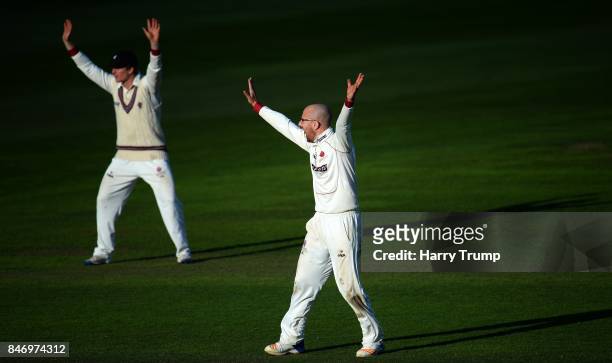 Jack Leach of Somerset appeals during Day Three of the Specsavers County Championship Division One match between Somerset and Lancashire at The...