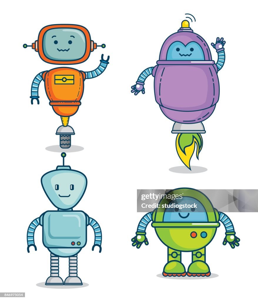 Automate Cartoon Set Of Cute Cartoon Robots Technology High-Res Vector Graphic - Getty ...