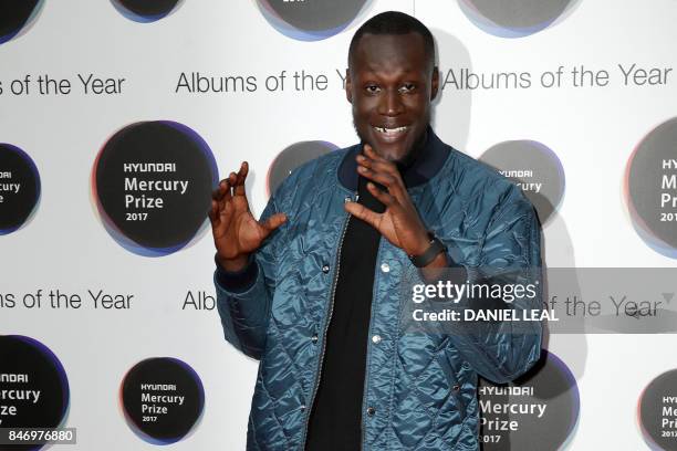 Nominated for his album "Gang Signs & Prayer", Stormzy poses for a photograph upon arrival for the 2017 Mercury Music prize awards ceremony in...