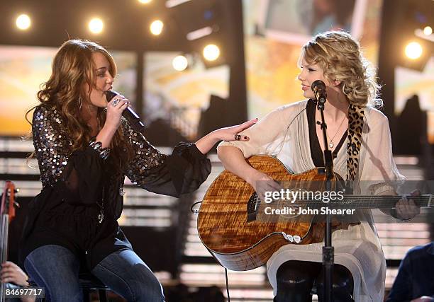 Singers Miley Cyrus and Taylor Swift performing onstage at the 51st Annual GRAMMY Awards held at the Staples Center on February 8, 2009 in Los...
