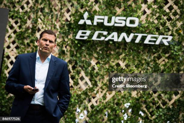 Marc Llistosella, chief executive officer of Mitsubishi Fuso Truck and Bus Corp., speaks during the eCanter truck launch event in New York, U.S., on...