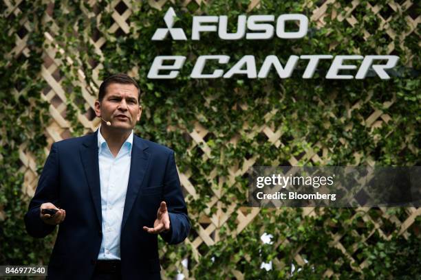Marc Llistosella, chief executive officer of Mitsubishi Fuso Truck and Bus Corp., speaks during the eCanter truck launch event in New York, U.S., on...