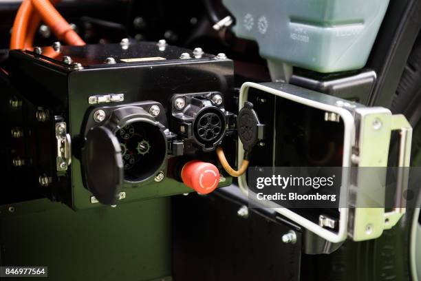 Charging port for the Mitsubishi Fuso eCanter truck is seen during a launch event in New York, U.S., on Thursday, Sept. 14, 2017. The Daimler AG unit...
