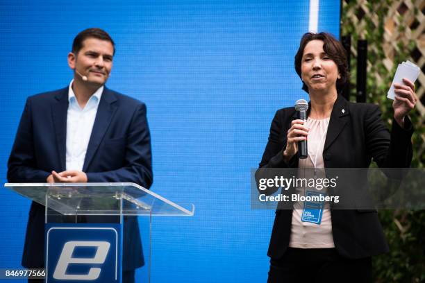 Jecka Glasman, chief executive officer of Mitsubishi Fuso Truck of America Inc., speaks as Marc Llistosella, chief executive officer of...