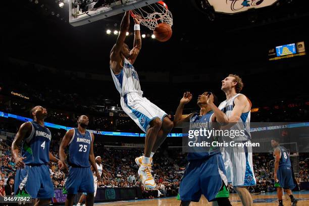 Rasual Butler of the New Orleans Hornets dunks the ball against the Minnesota Timberwolves on February 8, 2009 in New Orleans, Louisiana. The Hornets...