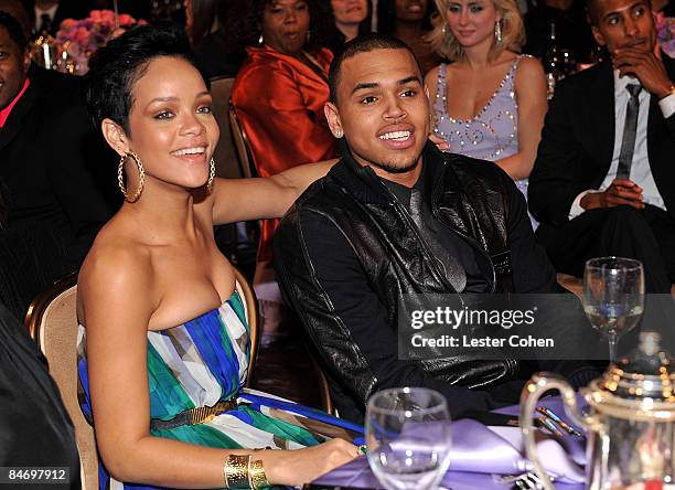 Singers Rihanna and Chris Brown attend the 2009 GRAMMY Salute To Industry Icons honoring Clive Davis at the Beverly Hilton Hotel on February 7, 2009...