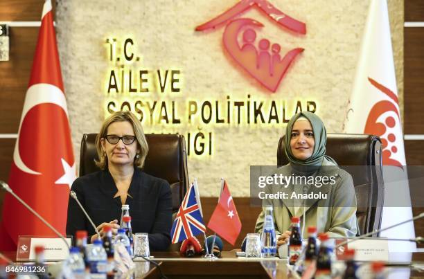 Turkish Minister of Family and Social Policies Fatma Betul Sayan Kaya meets with Britain's Home Secretary Amber Rudd at the Turkish Ministry of...