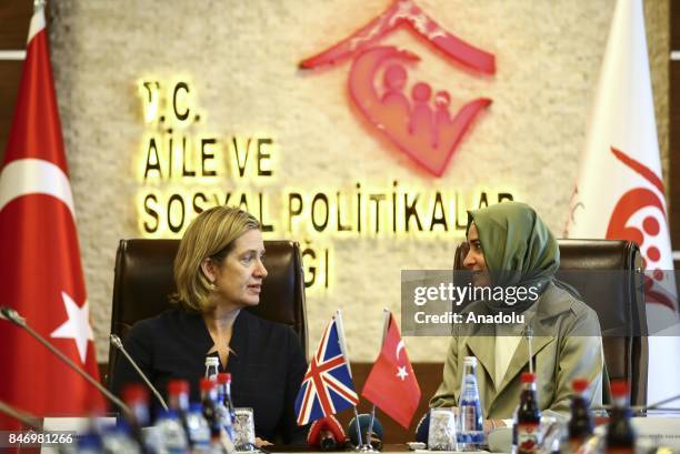 Turkish Minister of Family and Social Policies Fatma Betul Sayan Kaya meets with Britain's Home Secretary Amber Rudd at the Turkish Ministry of...