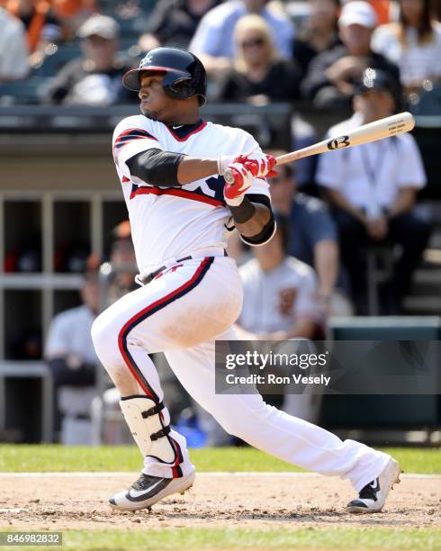 Rymer Liriano of the Chicago White Sox bats against the San Francisco Giants on September 10, 2017 at Guaranteed Rate Field in Chicago, Illinois. The...