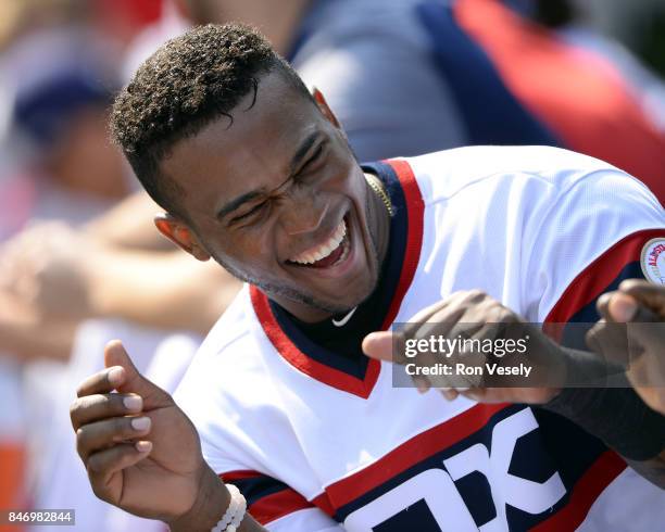 Rymer Liriano of the Chicago White Sox looks on while laughing in the dugout during the game against the San Francisco Giants on September 10, 2017...