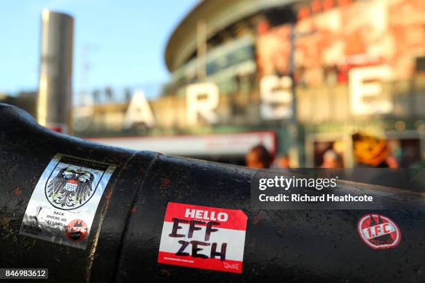 Koeln stickers are seen outside of Emirates ahead of the UEFA Europa League group H match between Arsenal FC and 1. FC Koeln at Emirates Stadium on...