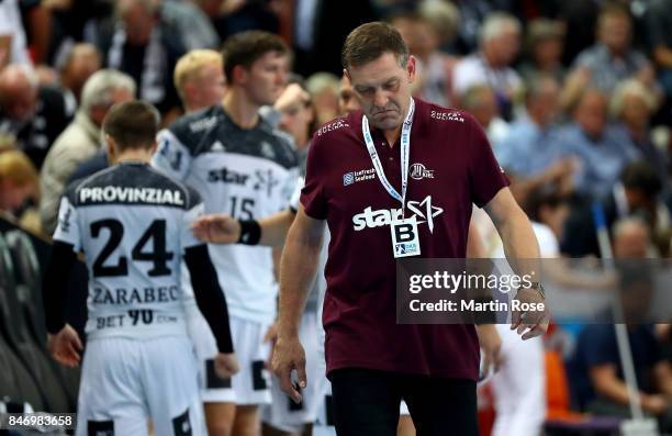 Alfred Gislason, head coach of Kiel reacts during the DKB HBL Bundesliga match between THW Kiel and DHfK Leiipzig at Sparkassen Arena on September...