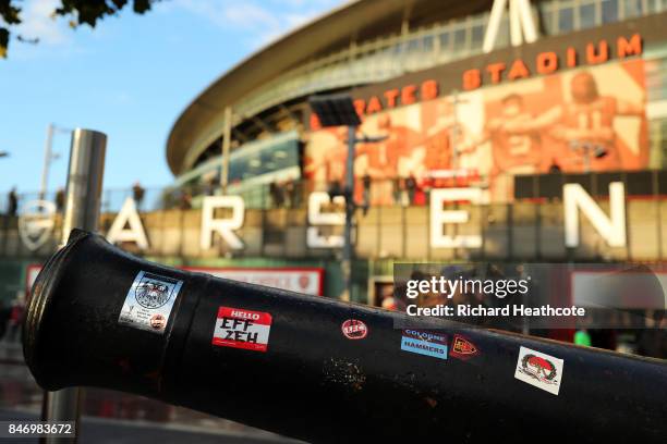 Koeln stickers are seen outside of Emirates ahead of the UEFA Europa League group H match between Arsenal FC and 1. FC Koeln at Emirates Stadium on...