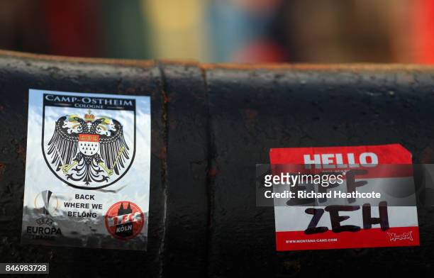 Koeln stickers are seen outside of Emirates ahead of the UEFA Europa League group H match between Arsenal FC and 1. FC Koeln at Emirates Stadium on...