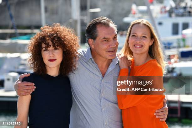 French actress Blandine Bellavoir , French actor Samuel Labarthe and French actress Elodie Frenck pose during the 19th edition of the "Festival de...