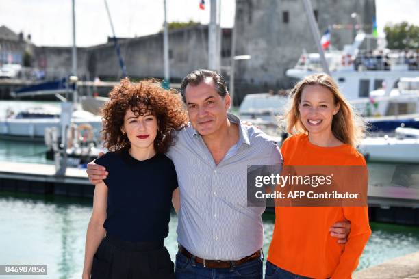 French actress Blandine Bellavoir , French actor Samuel Labarthe and French actress Elodie Frenck pose during the 19th edition of the "Festival de...